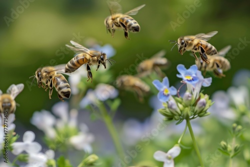 bees flying from hive to garden flowers