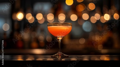 A drink is placed on a table next to a bar, creating a sophisticated setting
