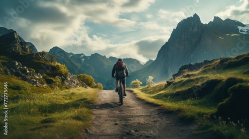 Male bicyclist riding bike along forest path in beautiful area surrounded by mountains. Rear view. Landscape, Travel, Hiking concepts