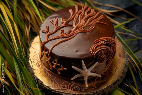 chocolate cake with seathemed icing designs amidst seagrass photo