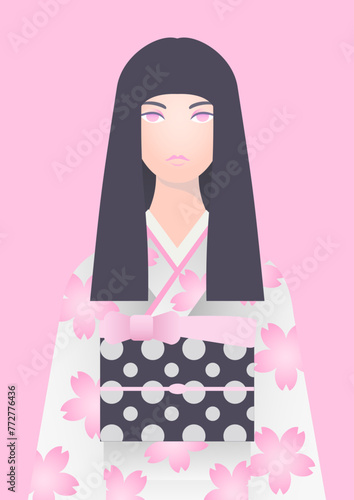 桜の着物を着た女性の正面上半身シンプルイラスト
