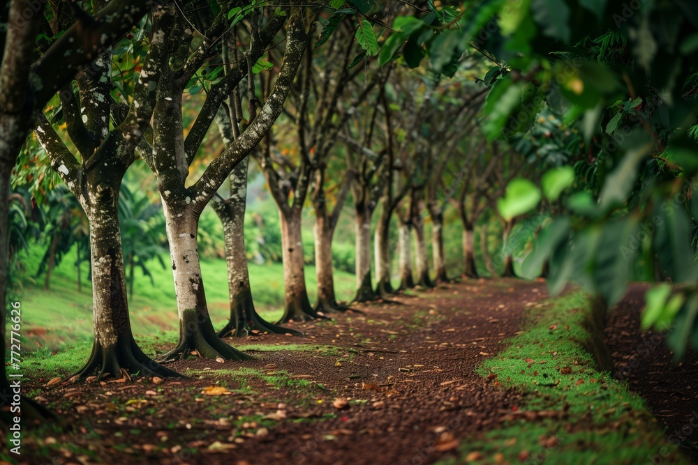Fototapeta premium cocoa trees lined up in a plantation