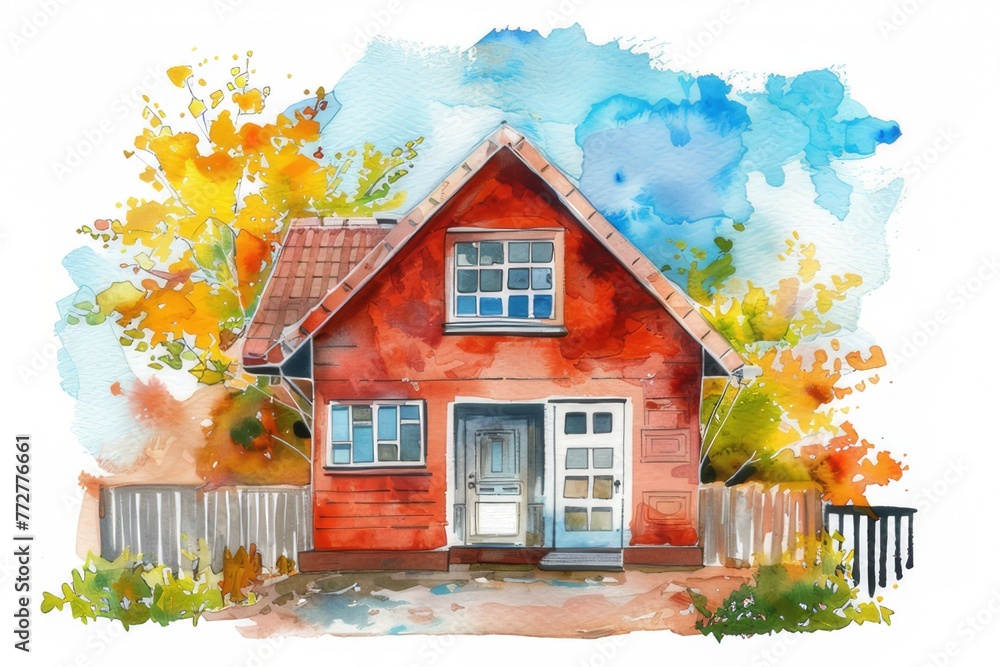 Watercolor illustration of a cute house with a garage.