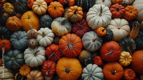   A group of pumpkins stacked on top of other pumpkin varieties