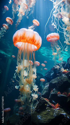 Beautiful jellyfish on the ocean floor, underwater world