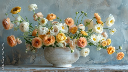   A vase brimming with an array of blooms perched atop a wooden table against a blue backdrop