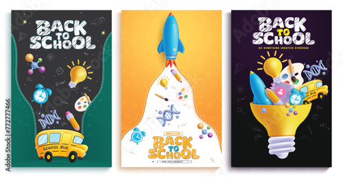 Back to school text vector poster set design. Welcome back to school greeting with school bus, rocket ship and bulb educational elements, supplies and items for e-learning lay out collection. Vector 