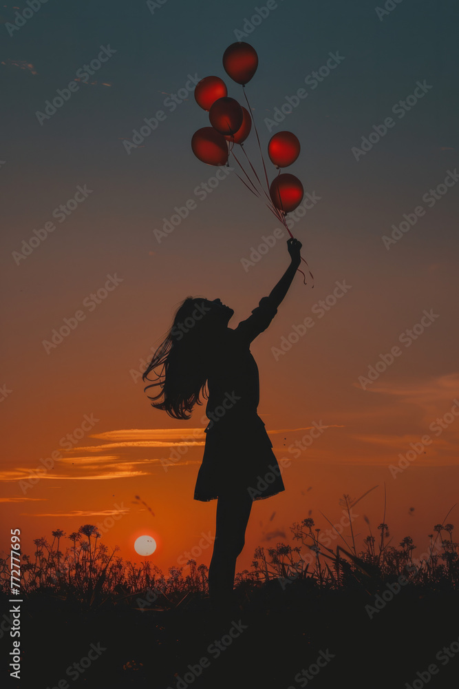 Motivation or hope concept, encouraging individuals to follow their dreams and find inspiration, featuring a girl with balloons at sunset