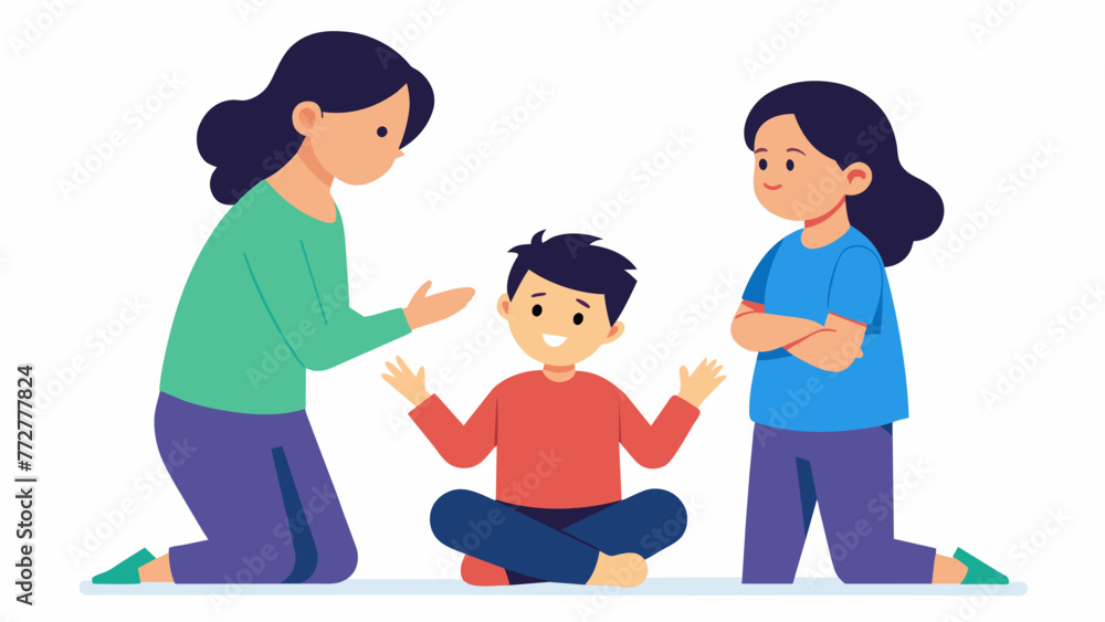 Parent mediating a fight between siblings asking them to express their needs and feelings calmly.