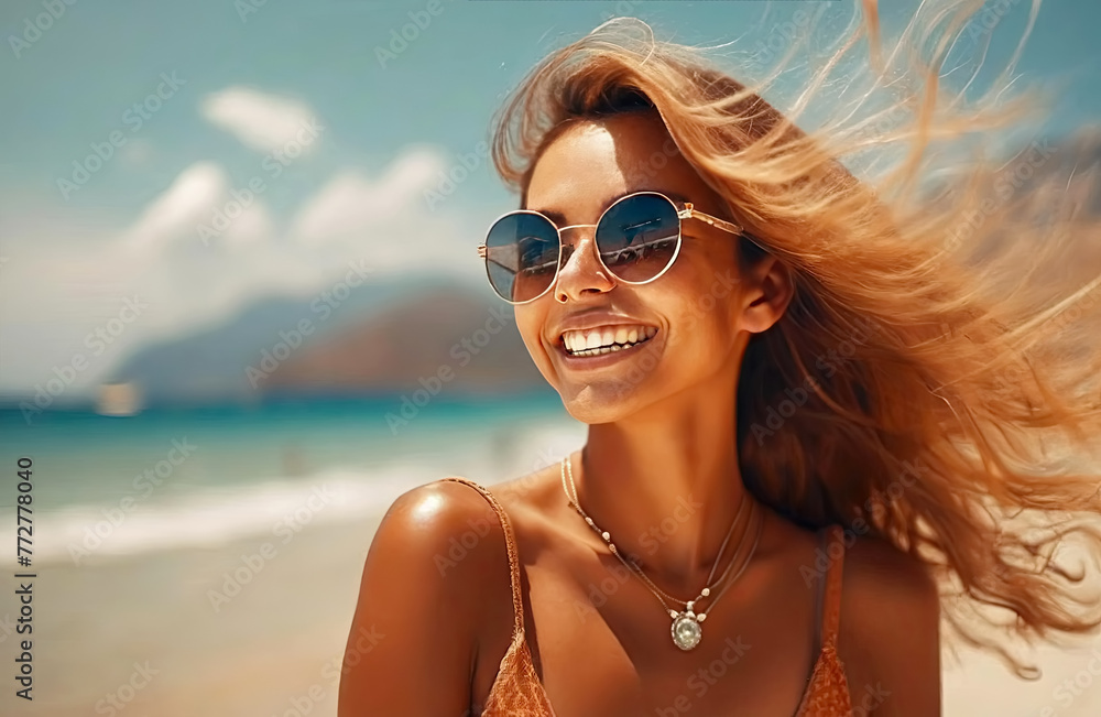 Beach portrait of a young and attractive smiling woman with sunglasses Beach portrait of a young and attractive smiling woman with sunglasses