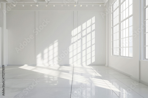 White minimalistic room with blank walls and sunlight streaming through windows. Creating a background of sun rays and shadows