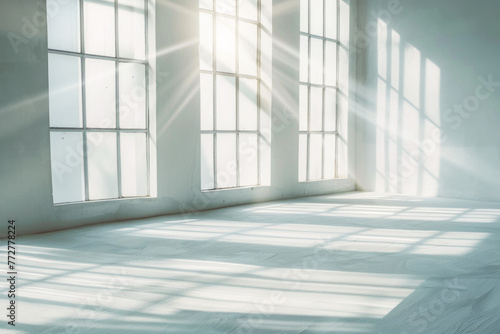 White minimalistic room with blank walls and sunlight streaming through windows. Creating a background of sun rays and shadows