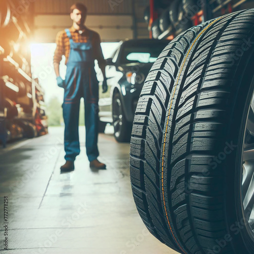 auto mechanic working with car tyre at auto repair shop. blurred background