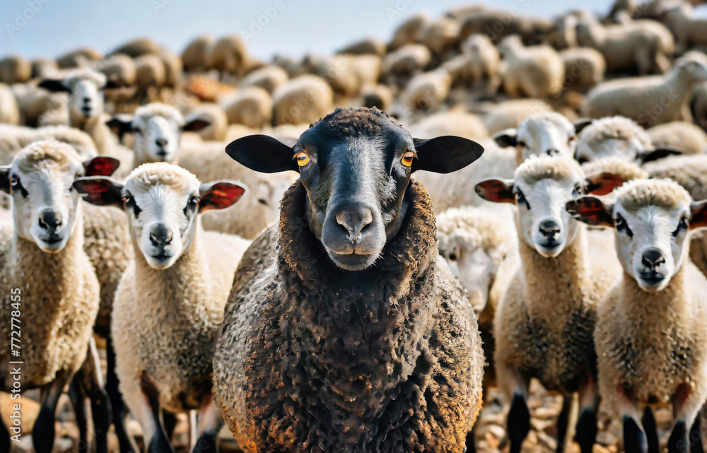 Black sheep in a flock of white sheeps. Difference, individuality, leadership and standing out from the crowd.