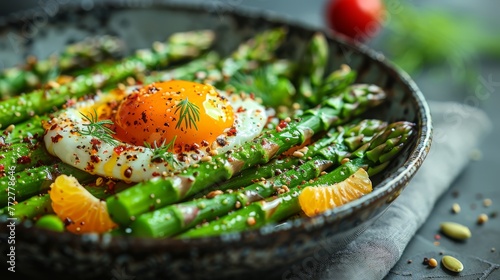  An image featuring asparagus, oranges, and an egg on top of four eggs