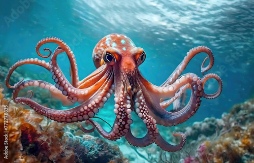 Close up portrait of a giant Octopus swimming in the ocean underwater.