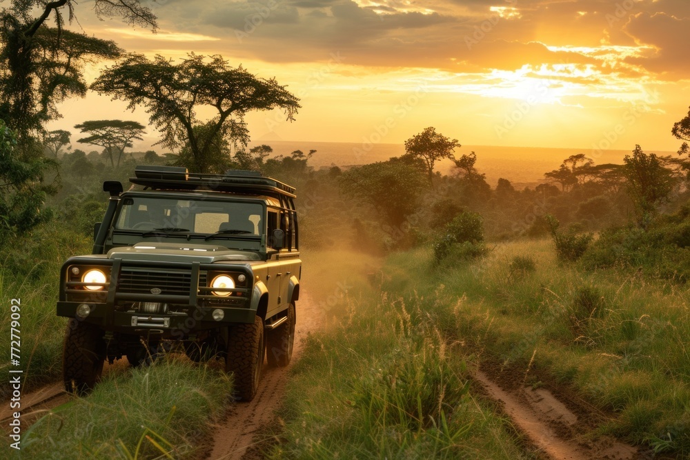 Fototapeta premium Jeep Driving Down Dirt Road at Sunset. Generative AI