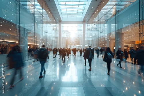 Large Group of People Walking Through a Modern Building. Generative AI