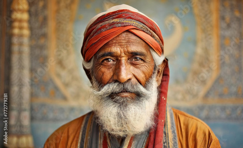 Portrait of an elder Indian man with long beard, wearing puggaree.
