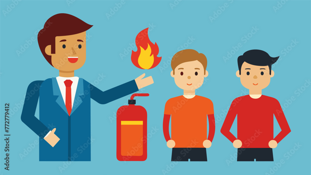 An instructor demonstrates the proper use of a fire extinguisher as employees look on. An instructor demonstrates the proper use of a fire extinguisher as employees look on.