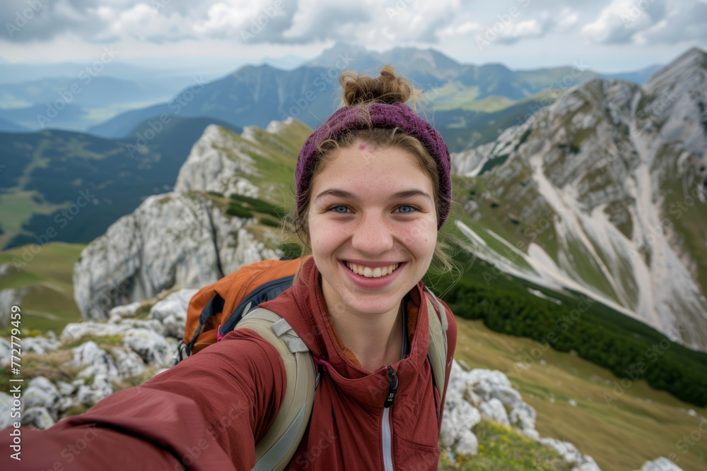 A young woman taking a selfie portrait while hiking in the mountains. A happy hiker on the top of the cliff smiling at the camera
