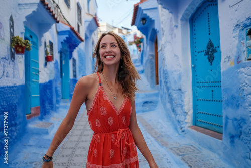 A young woman with a red dress visiting the blue city Chefchaouen, Morocco. A happy tourist walking in a Moroccan city street © Emanuel