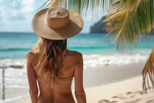 Woman in Bikini and Hat on Beach. Generative AI