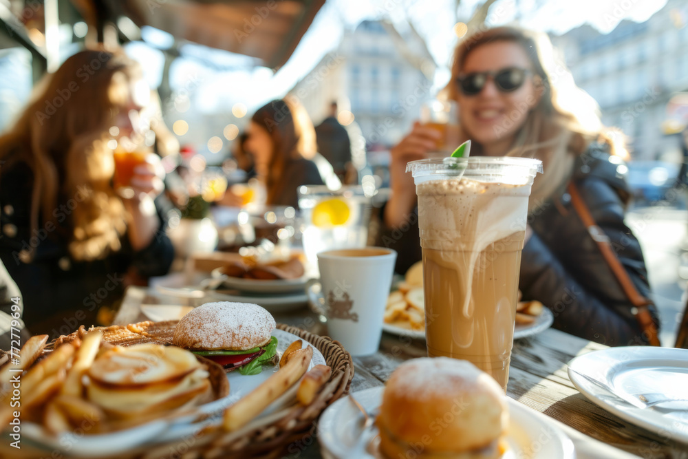 Young women enjoying breakfast and drinking coffee while sitting at a bar cafeteria. Illustrating a lifestyle concept with female friends hanging out on a city street