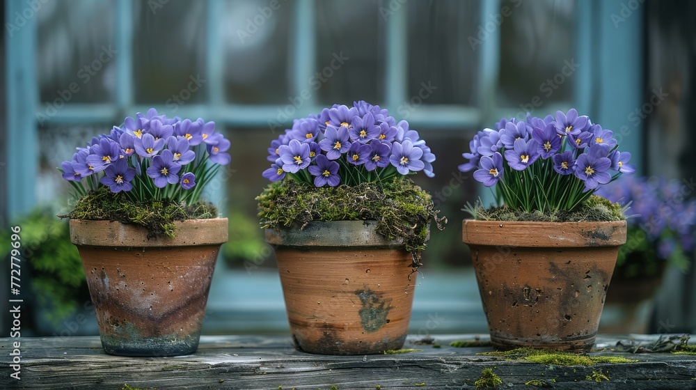   Three pots with purple flowers sit on a wooden table beside a green planter with purple flowers
