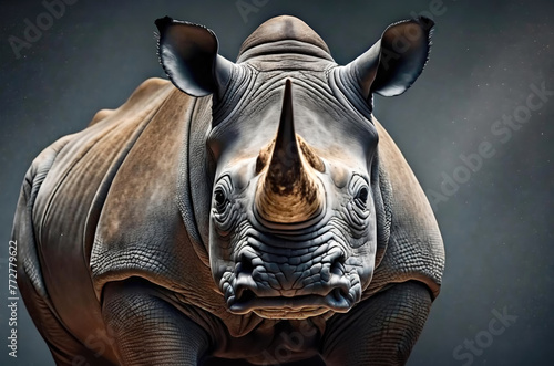 Frontal portrait of a Rhinoceros or Rhino in front of a dark background.