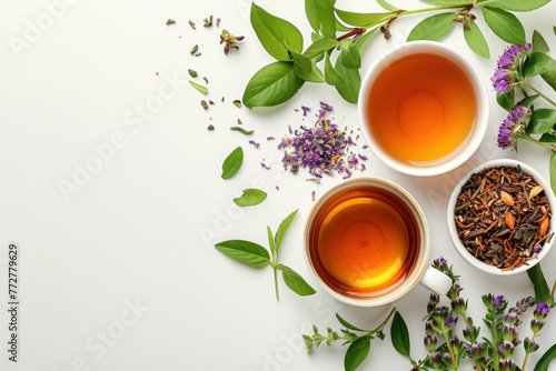 Three Cups of Tea Surrounded by Herbs and Leaves. Generative AI