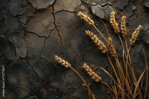 Close-Up of Wheat Ears on Cracked Soil. Generative AI