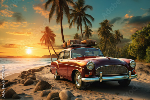 Vintage Car Parked on Beach. Generative AI