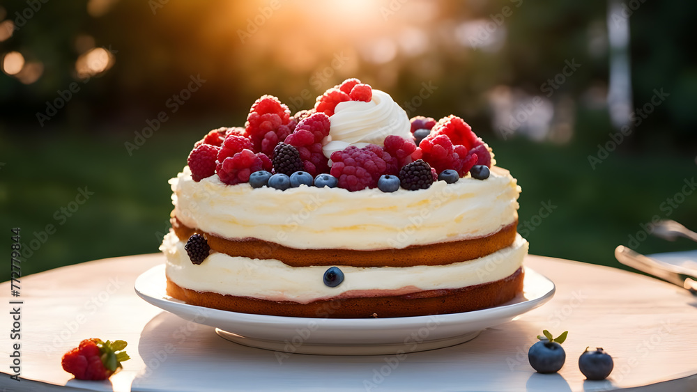 Delicious cake with cream and berries on the table in the garden Delicious cake with cream and berries on the table in the garden