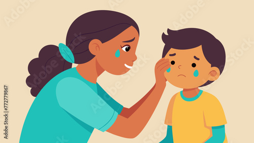 A young child gently wiping away tears from their parents face showcasing the reversal of roles as a source of emotional support and comfort.