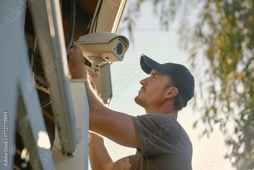 A man installing an outdoor surveillance IP camera for home security photo