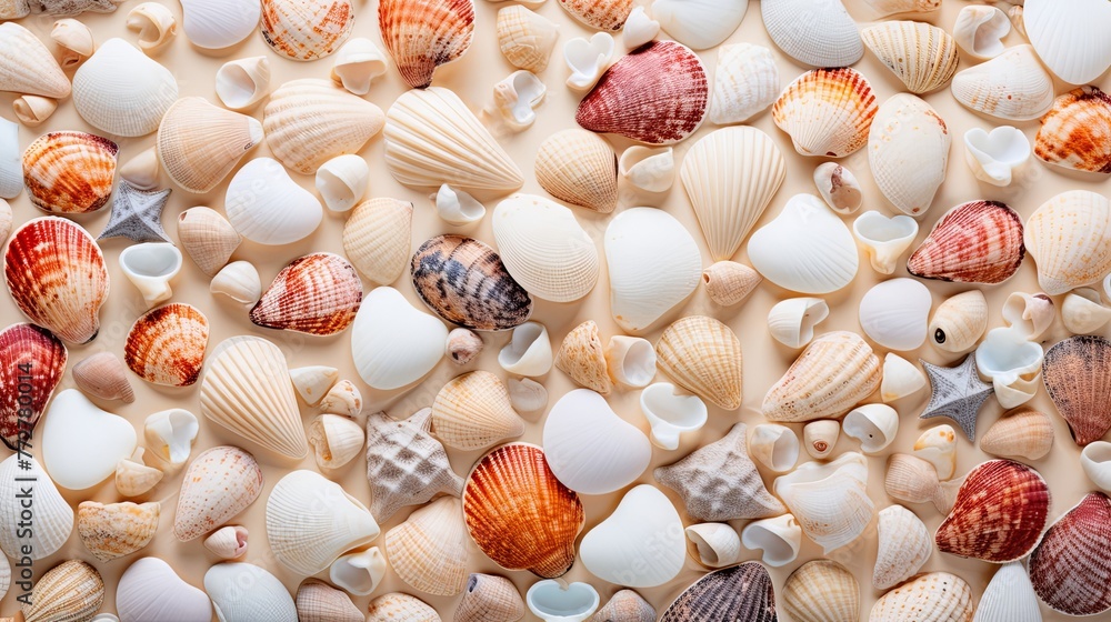 Sea and seashells. A lot of empty sea shells on the beach, close-up view. Sea coast and sea flora.