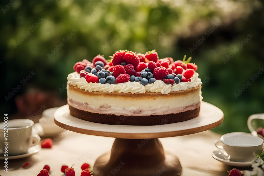 Piece of cake with fresh berries on a wooden table in the garden