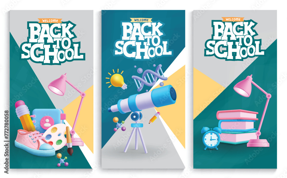 Back to school text vector poster set. Welcome back to school greeting with educational 3d telescope, lamp, books learning icons and items decoration for education teaching lay out collection