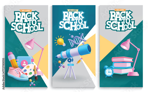 Back to school text vector poster set. Welcome back to school greeting with educational 3d telescope, lamp, books learning icons and items decoration for education teaching lay out collection