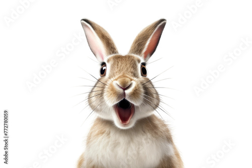 Startled Brown and White Rabbit With Open Mouth. On a Clear PNG or White Background.