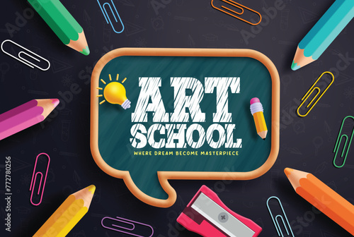Art school text vector template design. Back to school greeting in chalkboard space with color pencil, paper clip and sharpener for educational arts background. Vector illustration art school template