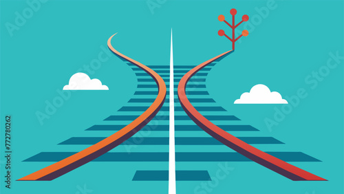 A train track with one side representing introversion and the other representing extraversion. The introverted side is a single straight track