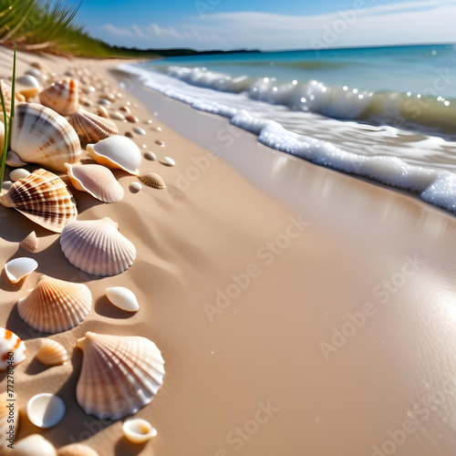 Sandy beach and ocean with beautiful seashells, blank copy space. 美しい貝殻のある砂浜と海。コピースペース
