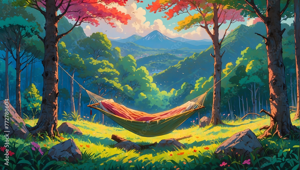 a painting of a hammock with a tree in the background