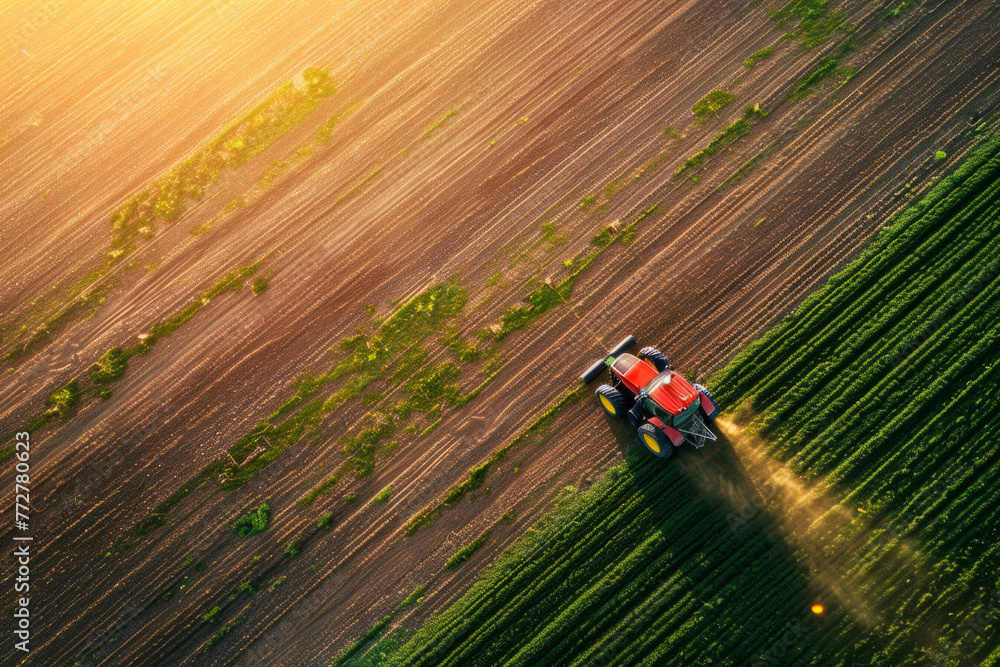 Aerial view of a farmer with a tractor seeding and sowing crops in agricultural fields during spring Aerial view of a farmer with a tractor seeding and sowing crops in agricultural fields during spring