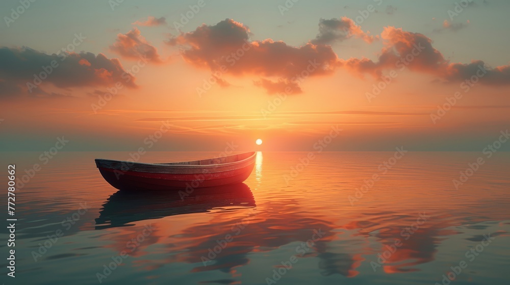   Red boat floats on water, sky clouds above, sun in distance