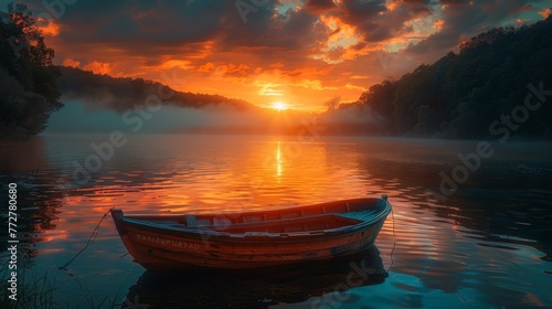  A small boat bobbing on a tranquil lake beneath a cloudy sky as the sun dips beyond the horizon