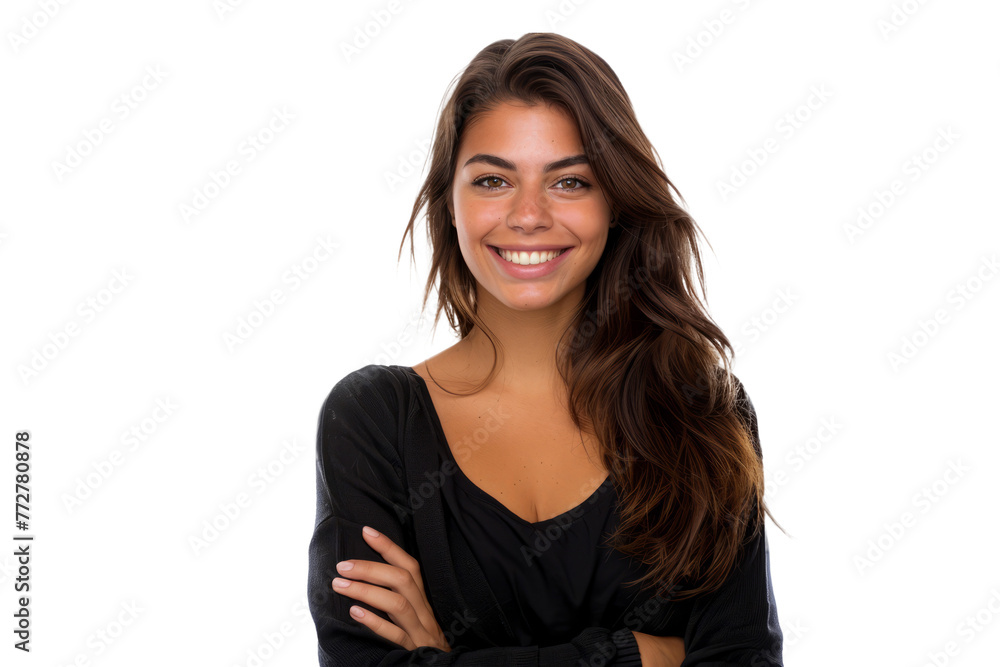 woman with folded arms and a warm smile, conveying authority with approachability. woman with folded arms and a warm smile, conveying authority with approachability.