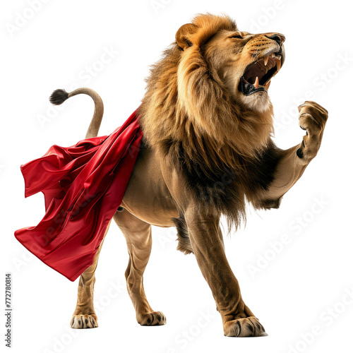 lion in a superhero costume, roaring with pride and strength.